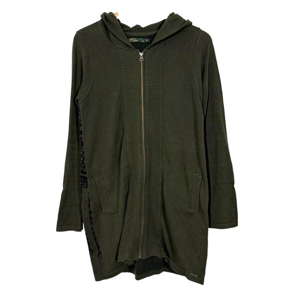PrAna Green Zip Up Misha Duster Sweater Medium Hooded Jumper Jacquard Pattern - Picture 2 of 9